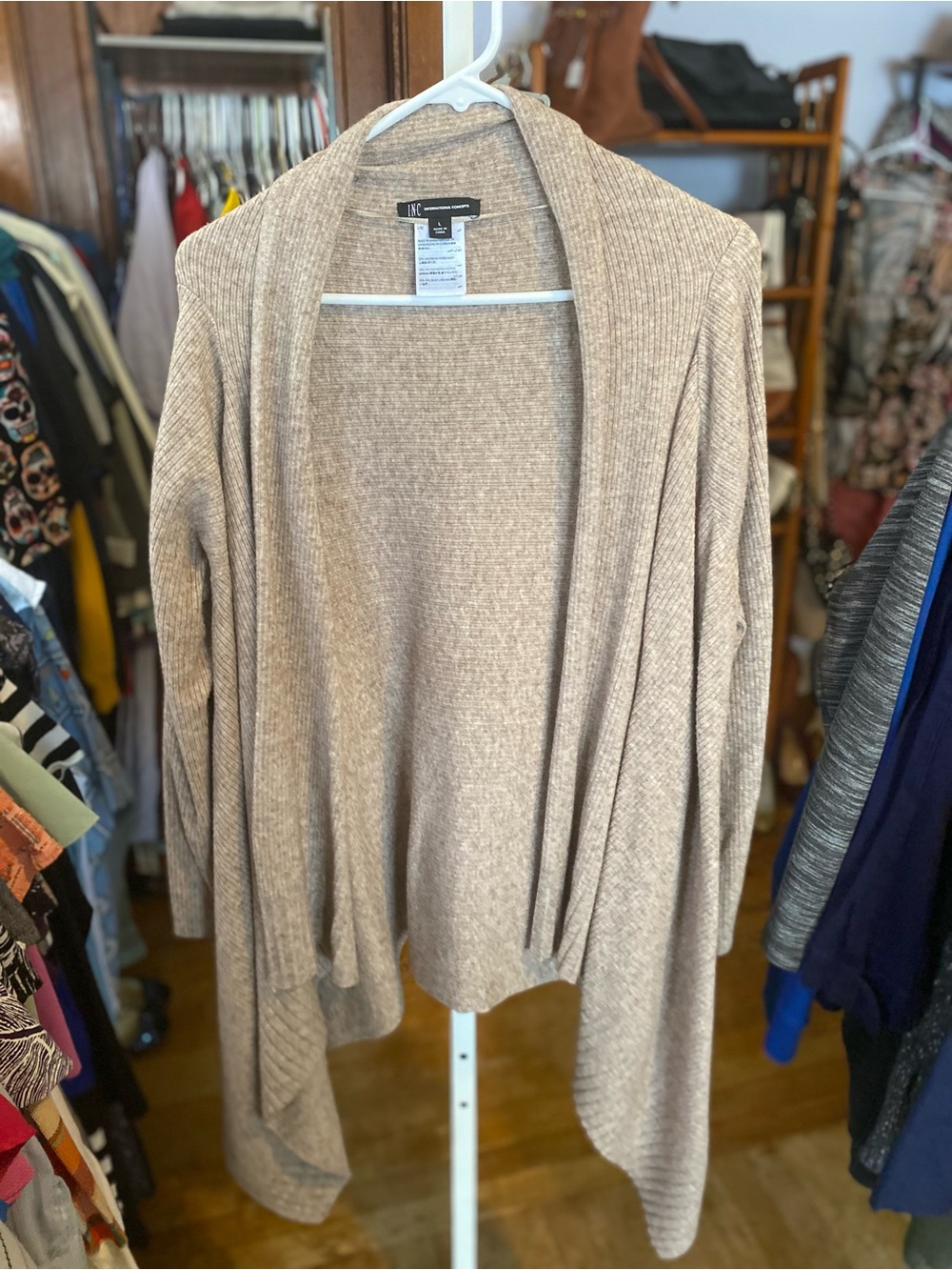 INC International Concepts Draped Open-Front Cardigan in Beige Taupe